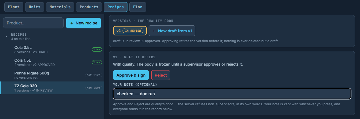 the quality door: draft, in review, approved, and the note kept with whichever was pressed