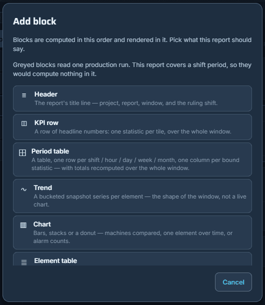 The catalogue of blocks, one flat list.