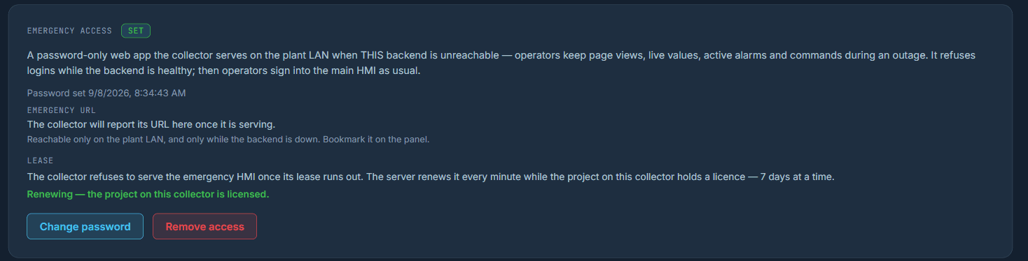 the edge's own emergency access, armed once by the administrator and refused while the server is healthy