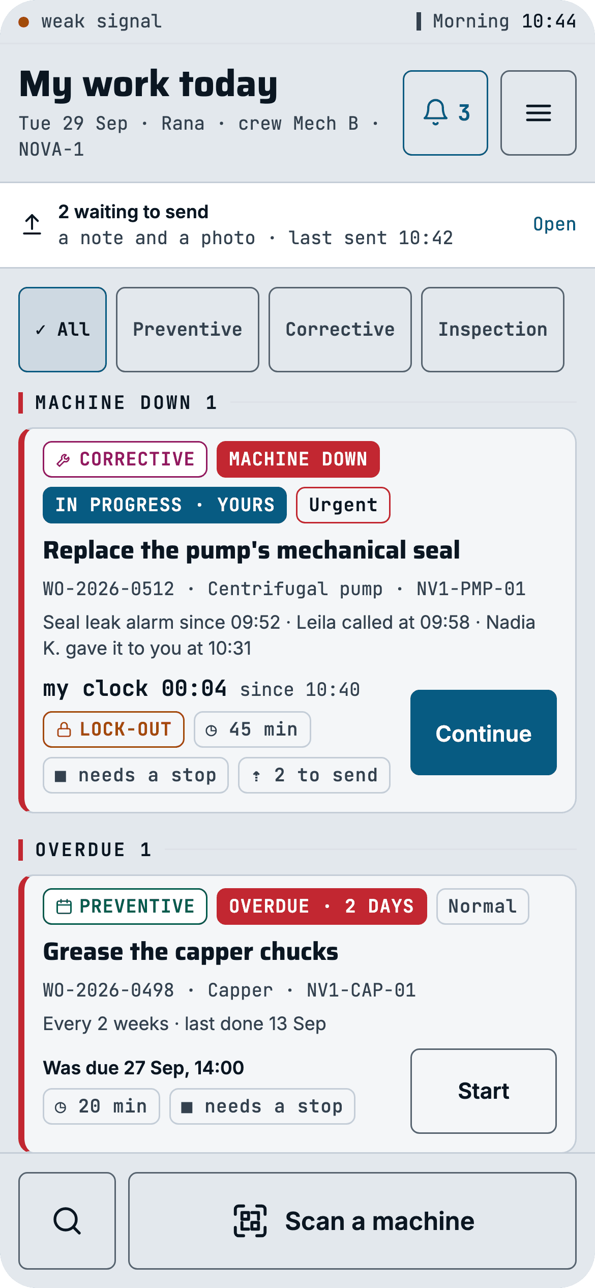 My work · machine down first, then overdue, then today
