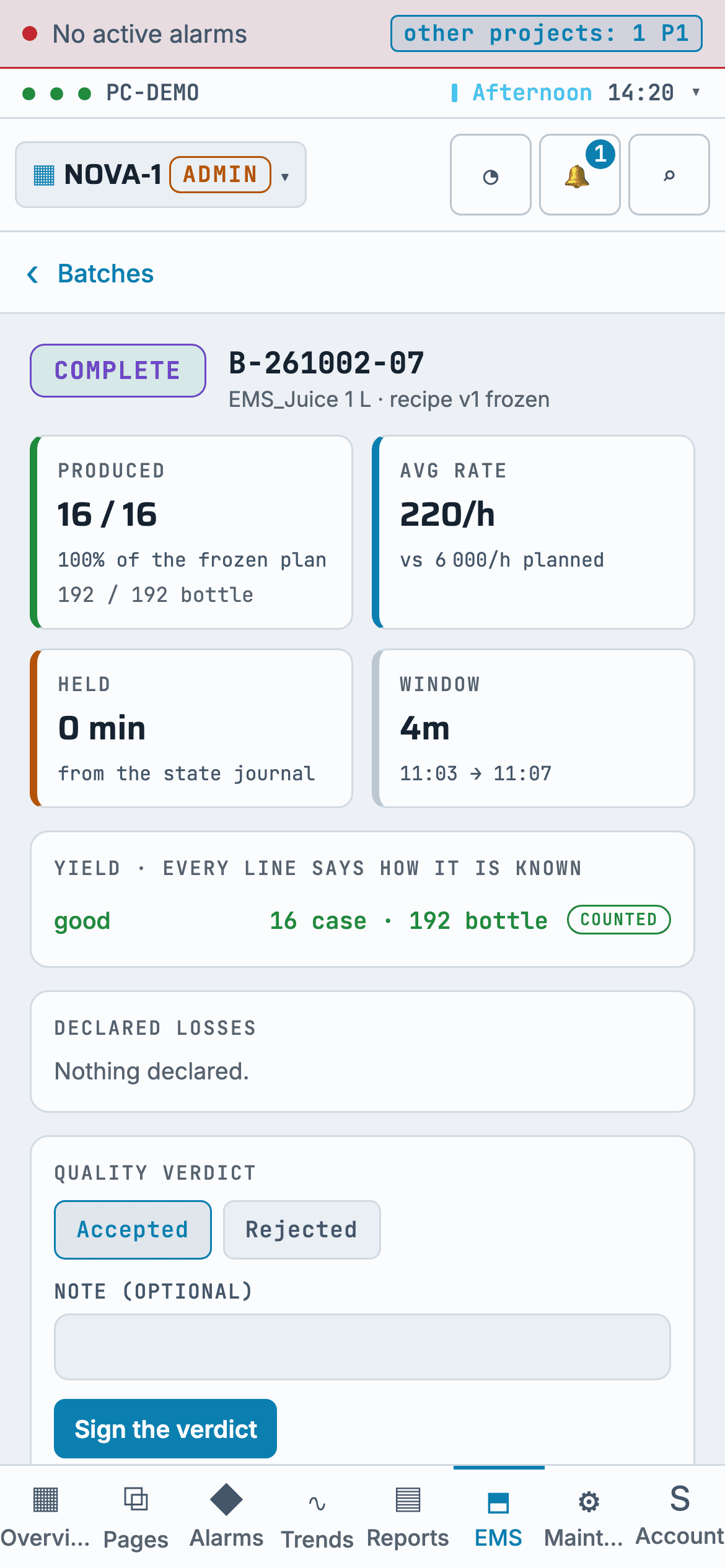 The batch record · made to the frozen recipe, every number sourced