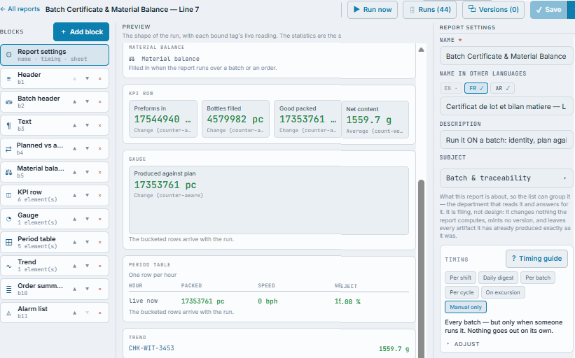 The editor on a batch certificate — the blocks, the live preview, the name in three languages, the timing.