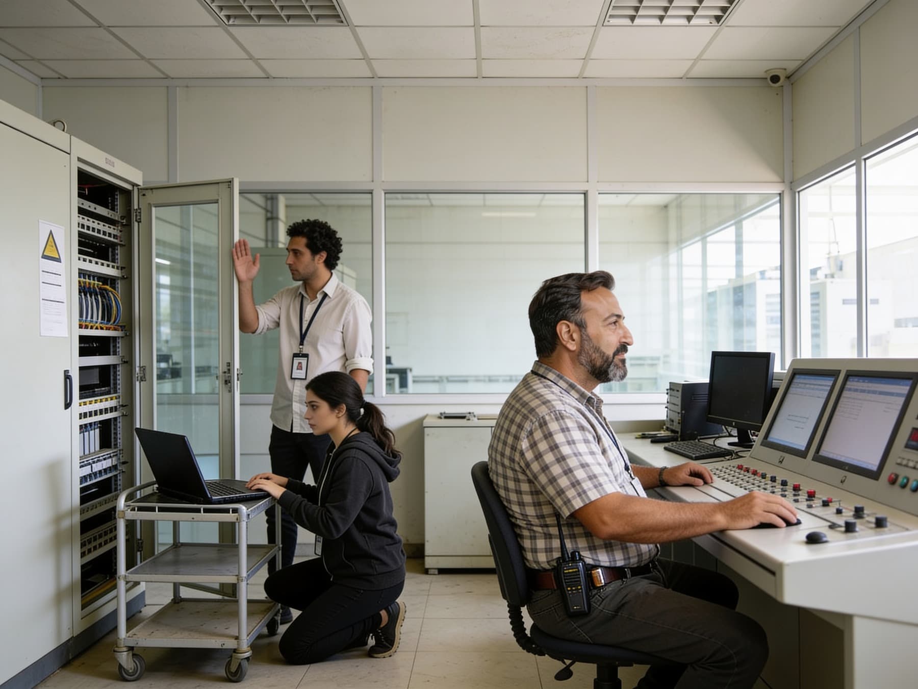 the server room behind glass: the open cabinet, the laptop on the steel cart, the console beyond