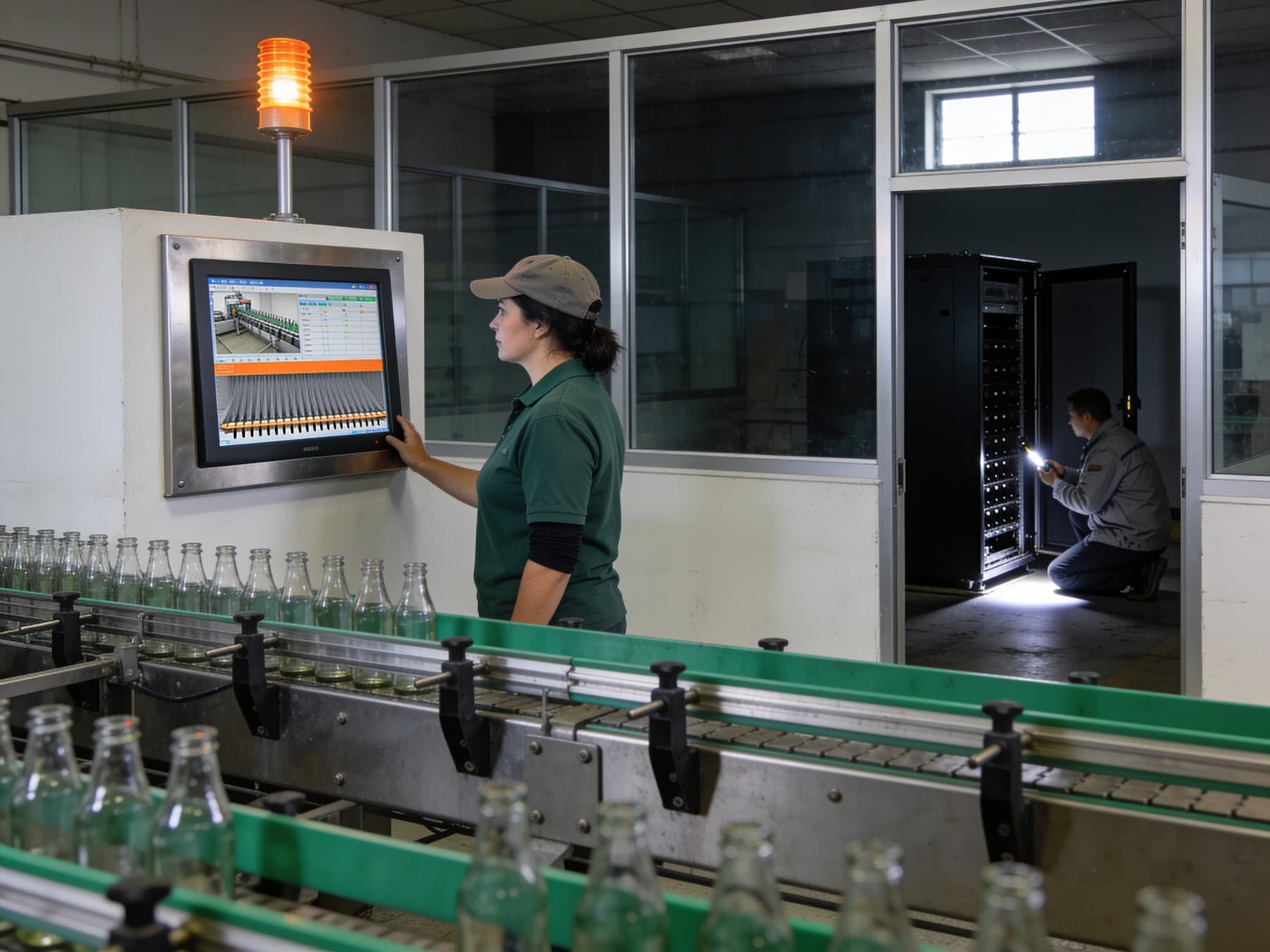 the plant's server room, five people at work, the line through the glass