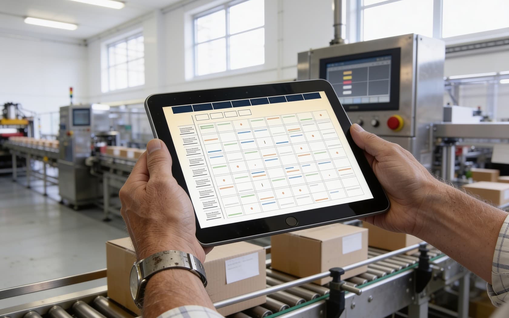 the end of a packaging line, the supervisor with the job board