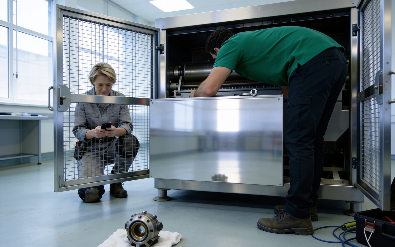 a technician with the checklist on a phone at an opened machine