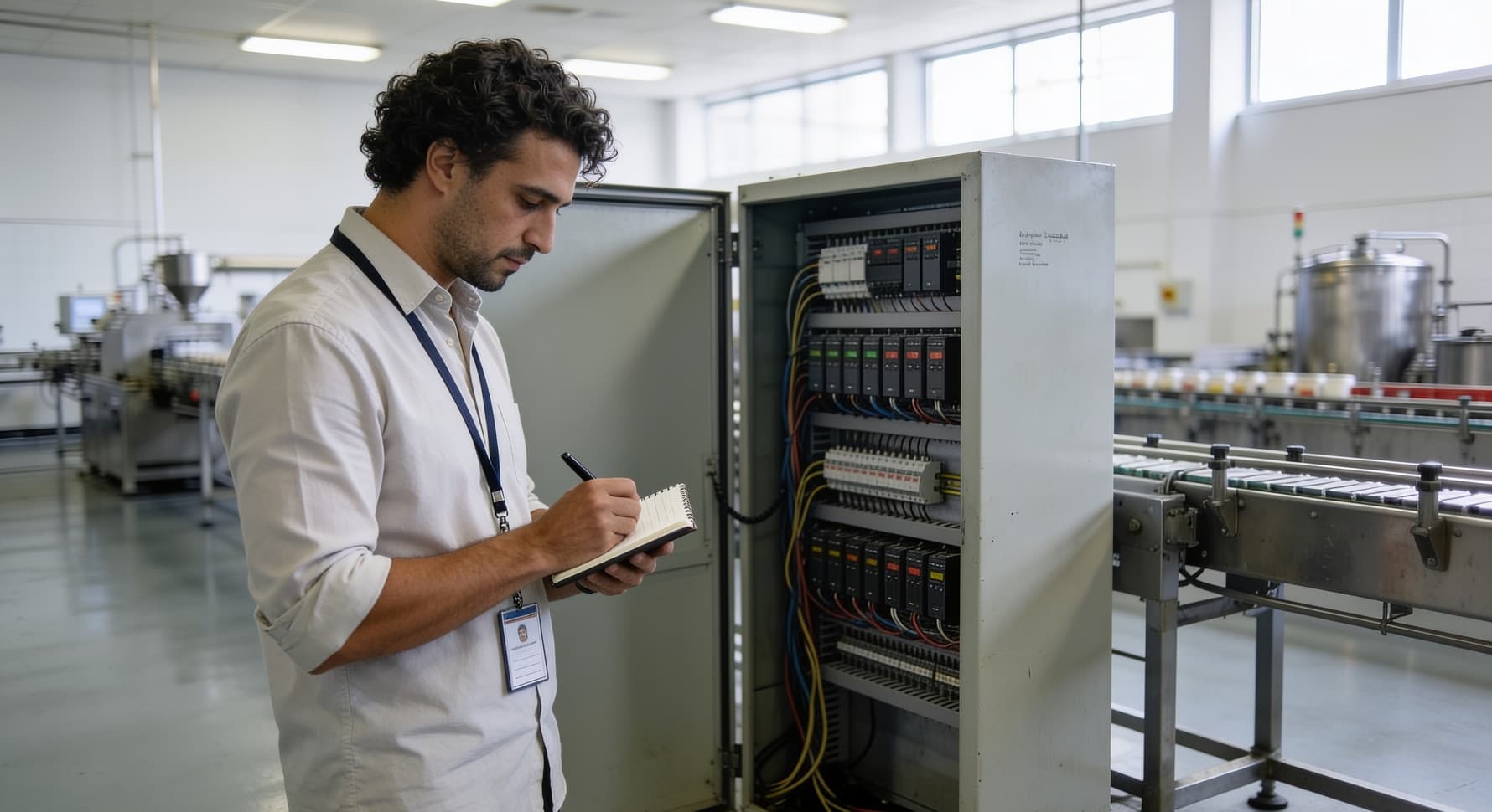an engineer at an open cabinet noting the controllers on the line