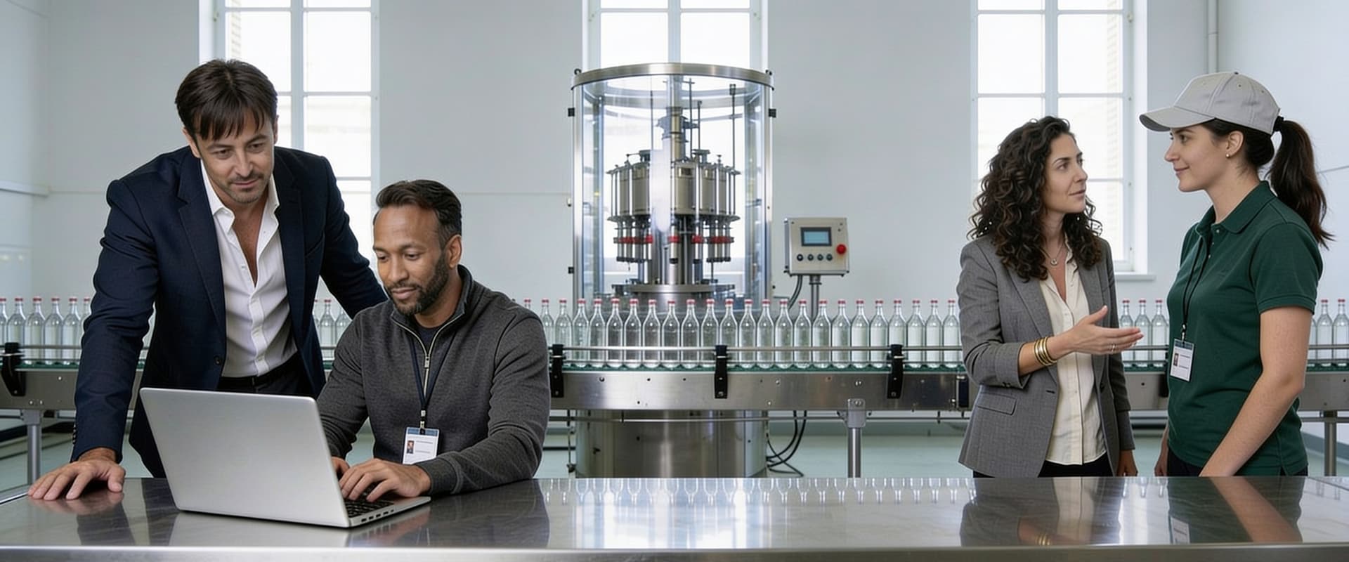 four people around a laptop on a stainless table at the end of a packaging line
