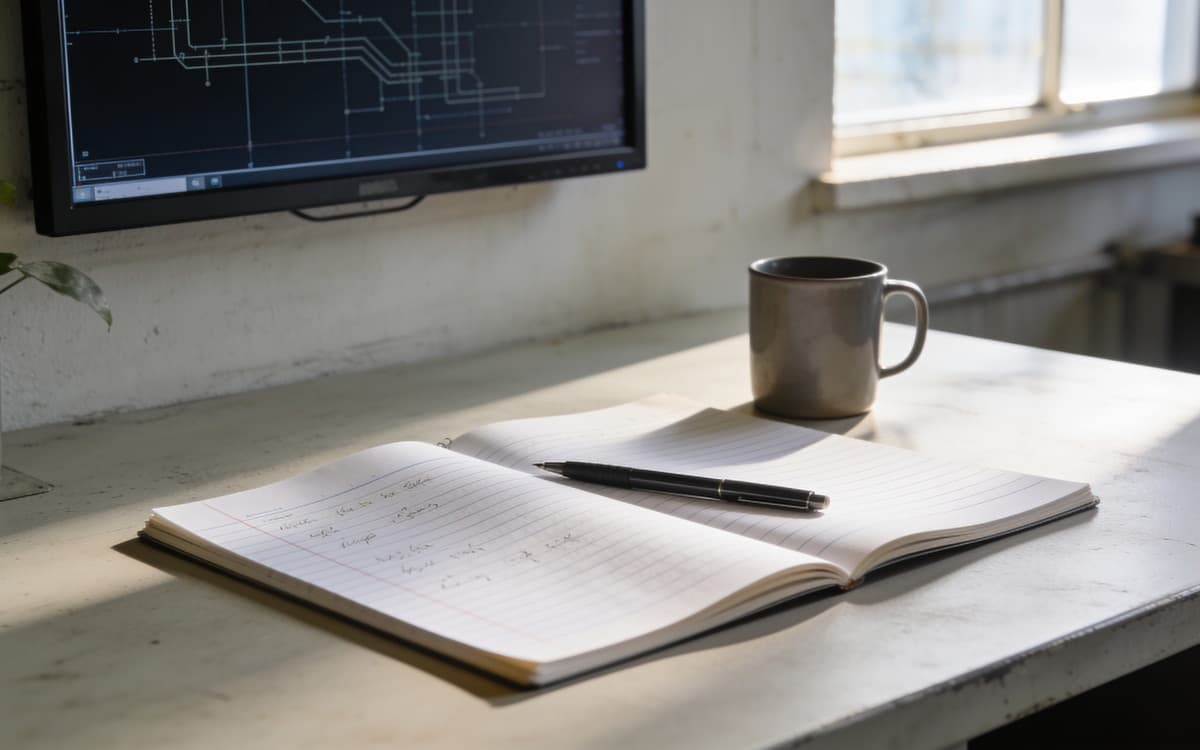a wall monitor with a synoptic and an open paper logbook on the desk beside it