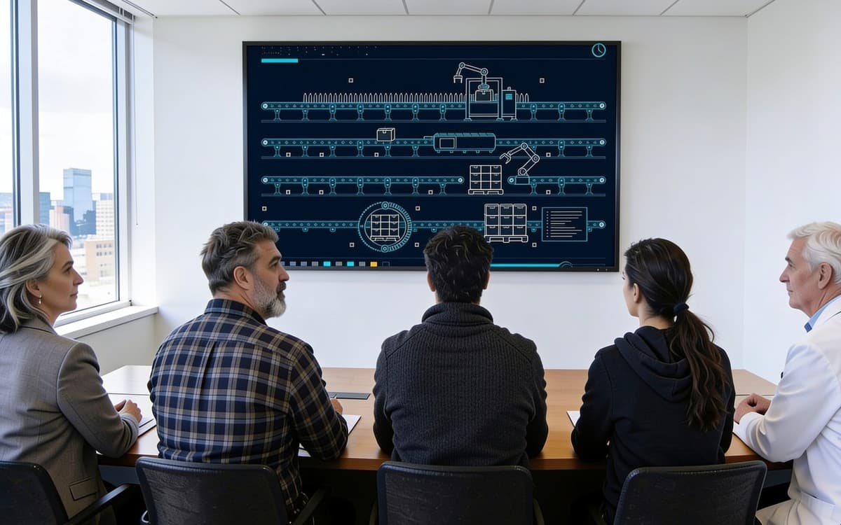 a meeting room at dusk, a wall screen with five plant tiles, five people seen from behind