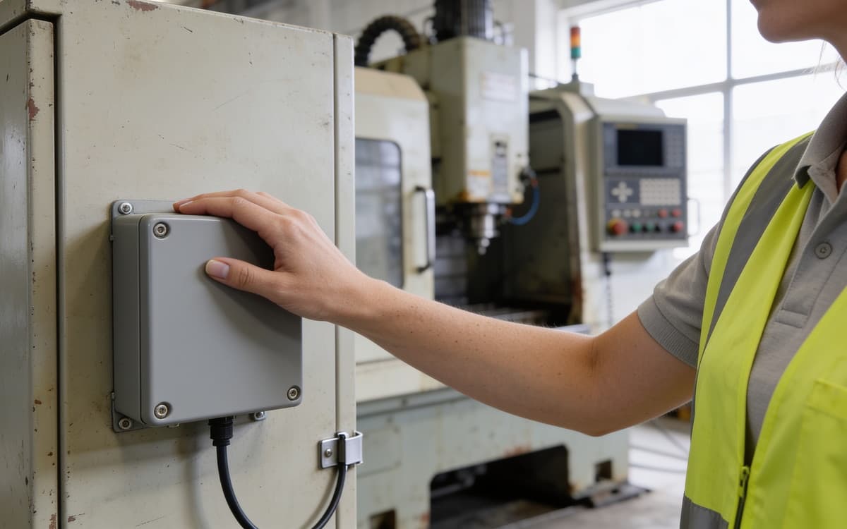 an older machine, a fresh edge box beside its cabinet
