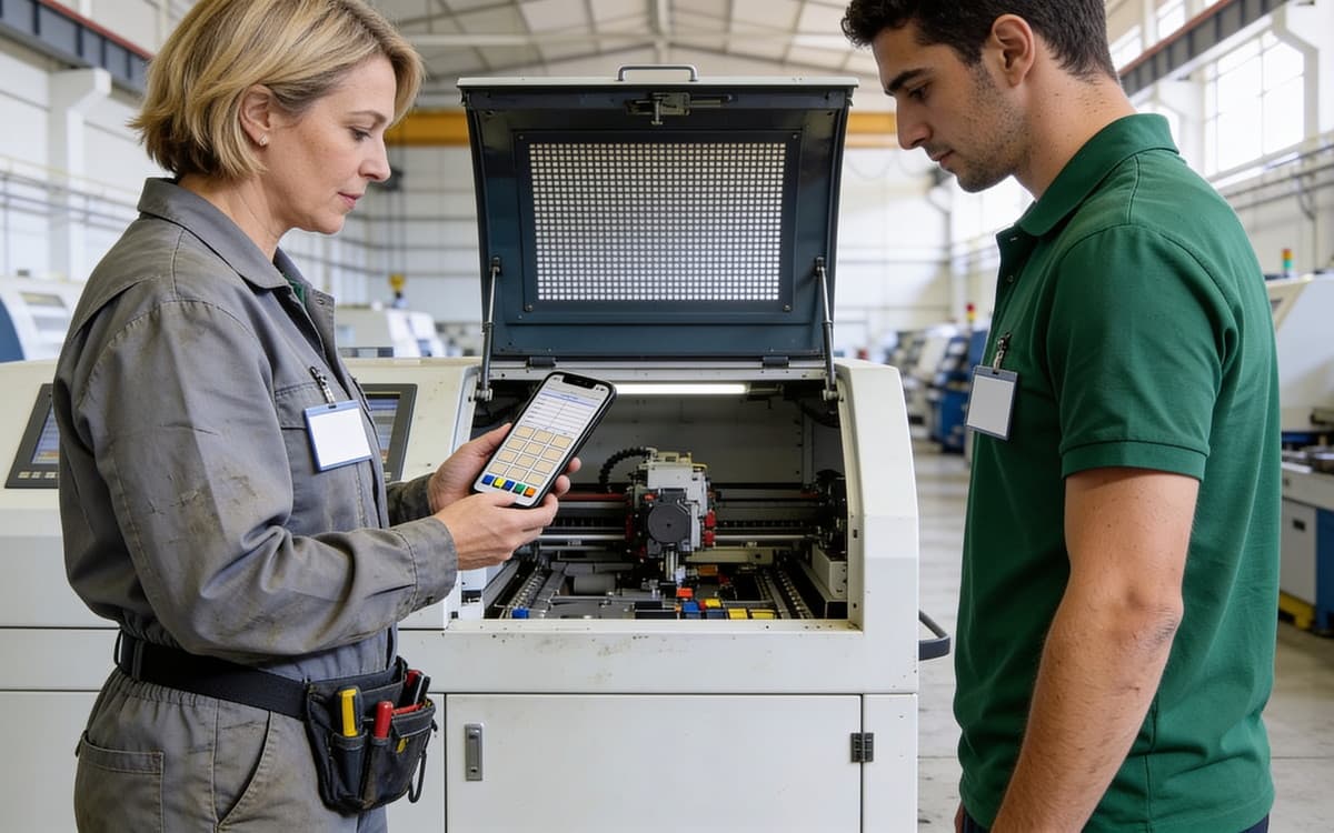 a technician and an engineer at an opened machine