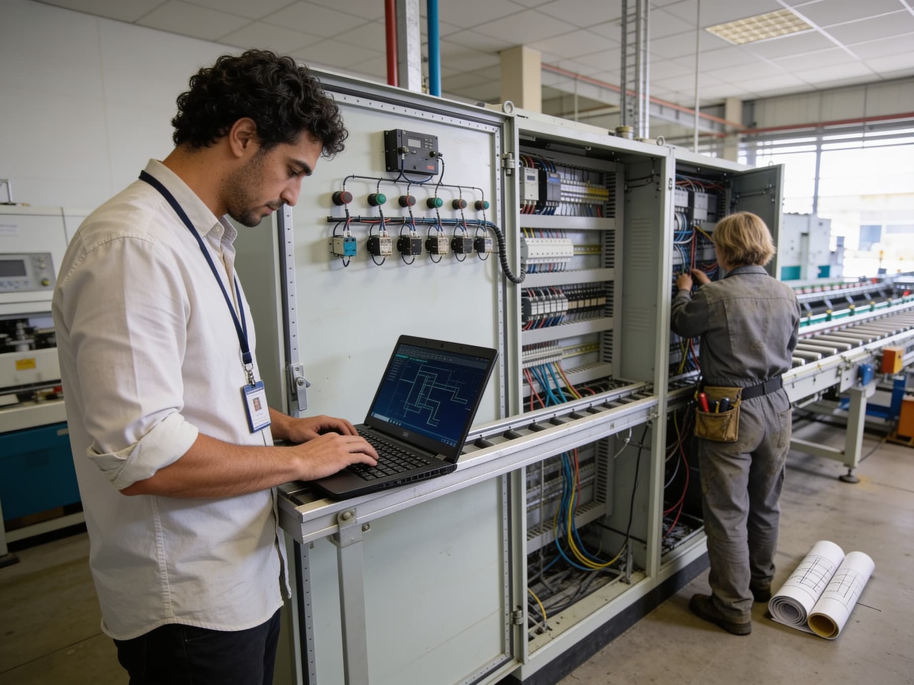 two automation engineers at an open control cabinet at commissioning